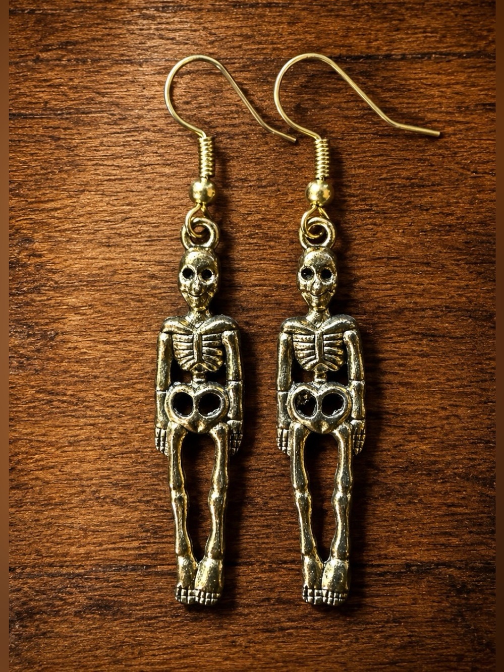 Antique Gold Skeleton Dangle Earrings Handmade